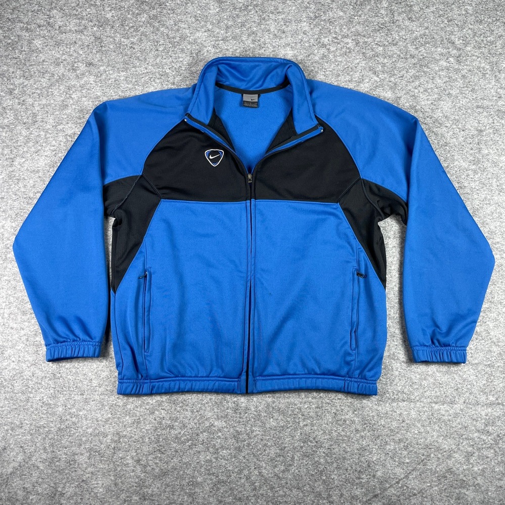 Vintage 90s Nike Track Jacket Mens L Blue Black Full Zip Shield Patch Silver Tag